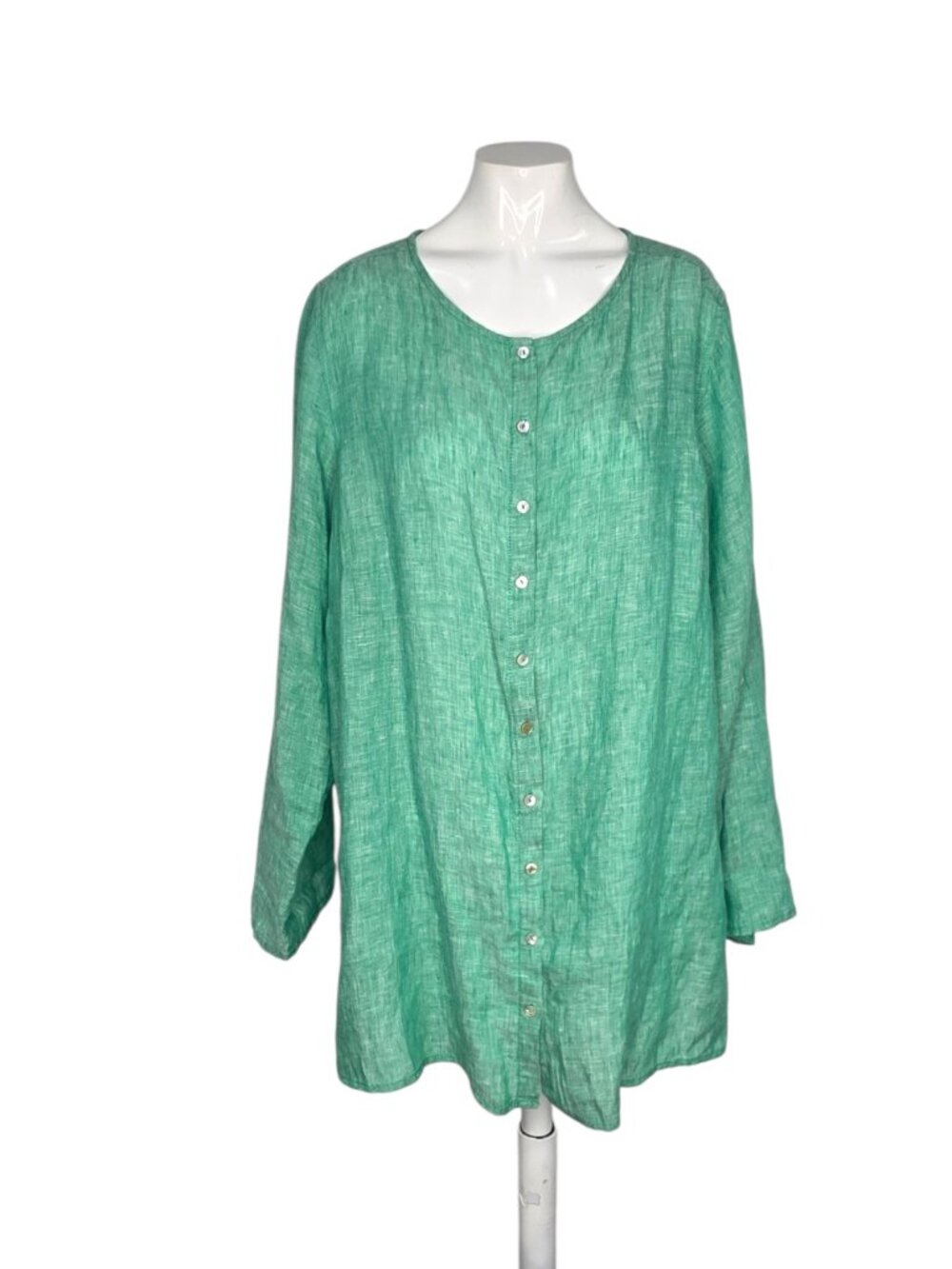 Tahari 100% Linen Button Front Shirt, Green, Lightweight, Roll Sleeve, Sz 1X